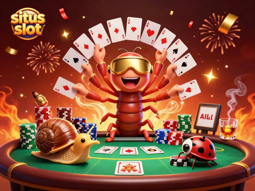 Situs slot illustration featuring a whimsical millipede dealer, playful characters, and colorful poker elements.