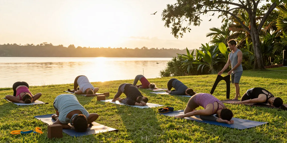 Yoga alliance certified training Sri Lanka at a serene lakeside with students practicing yoga under the guidance of an instructor