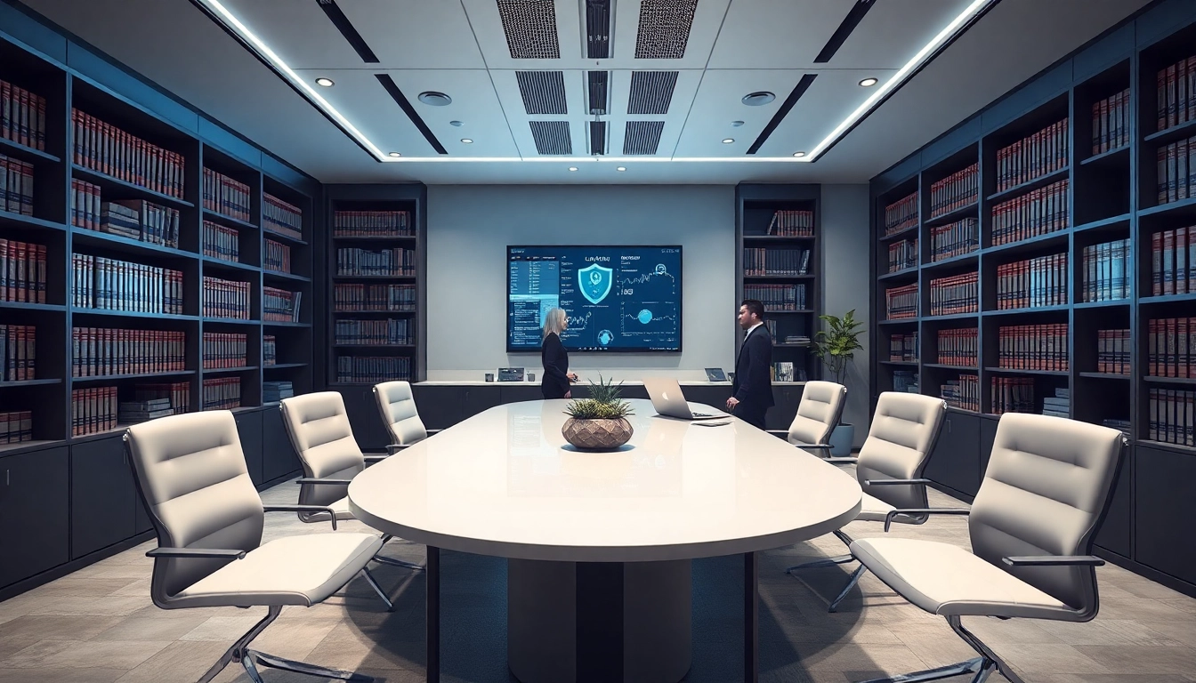 Managed IT for Law Firms Tampa in a modern law office with high-tech features and collaborative atmosphere.