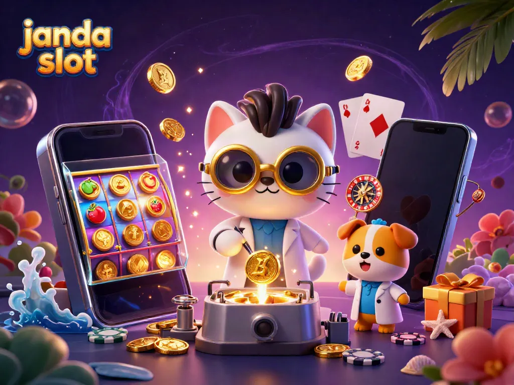 Mainkan janda slot dengan simbol buah dan jackpot di tengah suasana ceria.