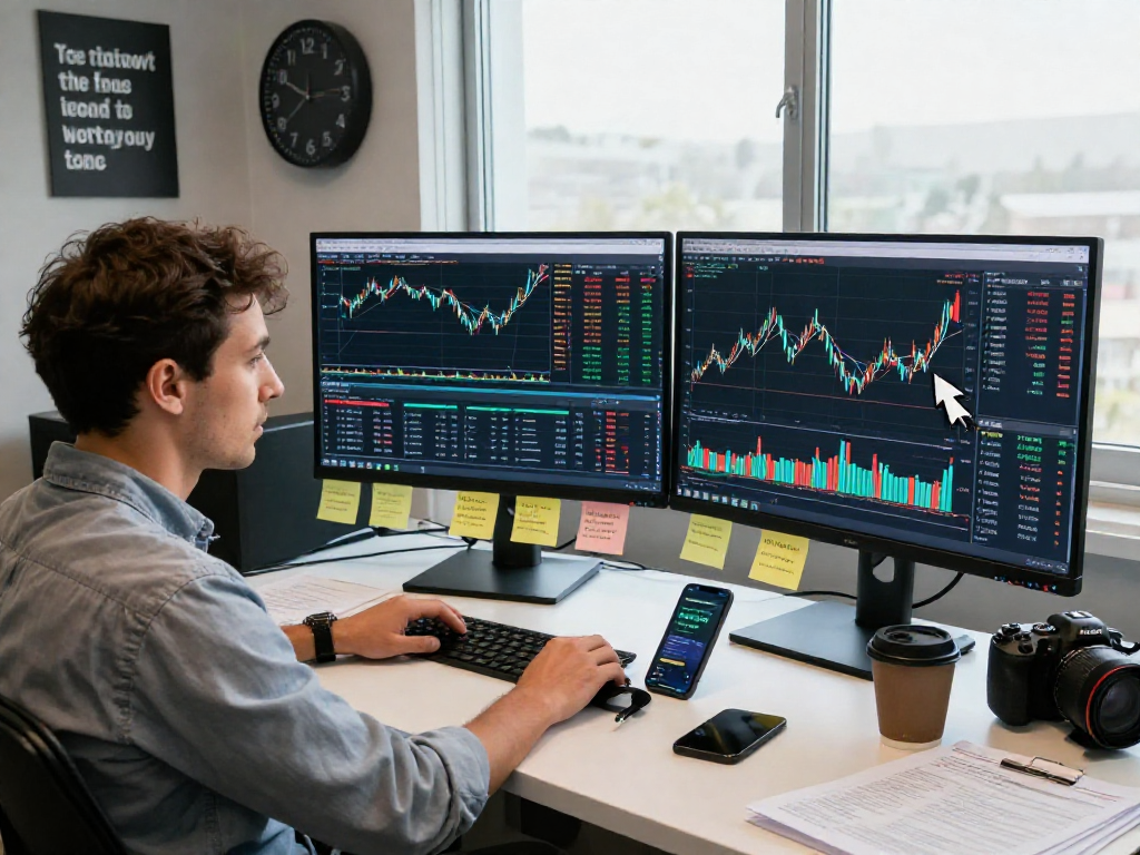Focused trader analyzing financial data on TradingView in a modern workspace.