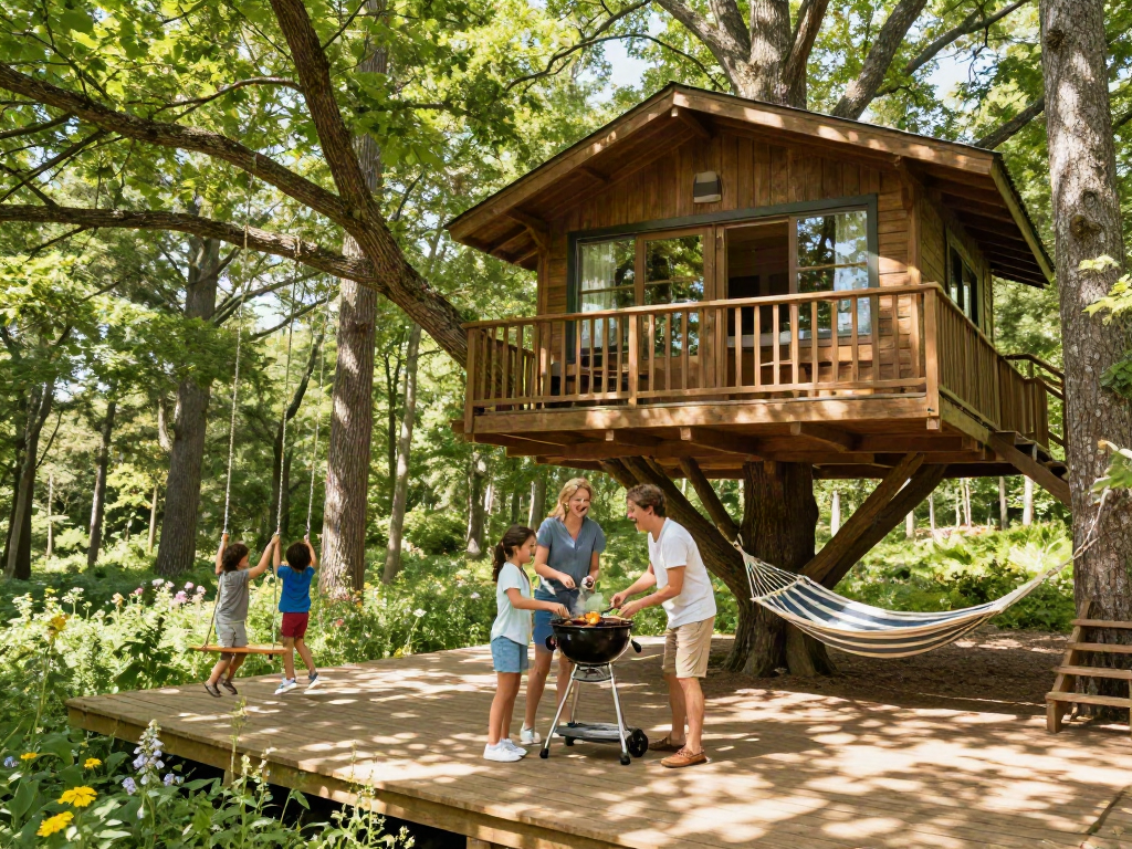 Tree house life with family enjoying time on a wooden deck amidst trees