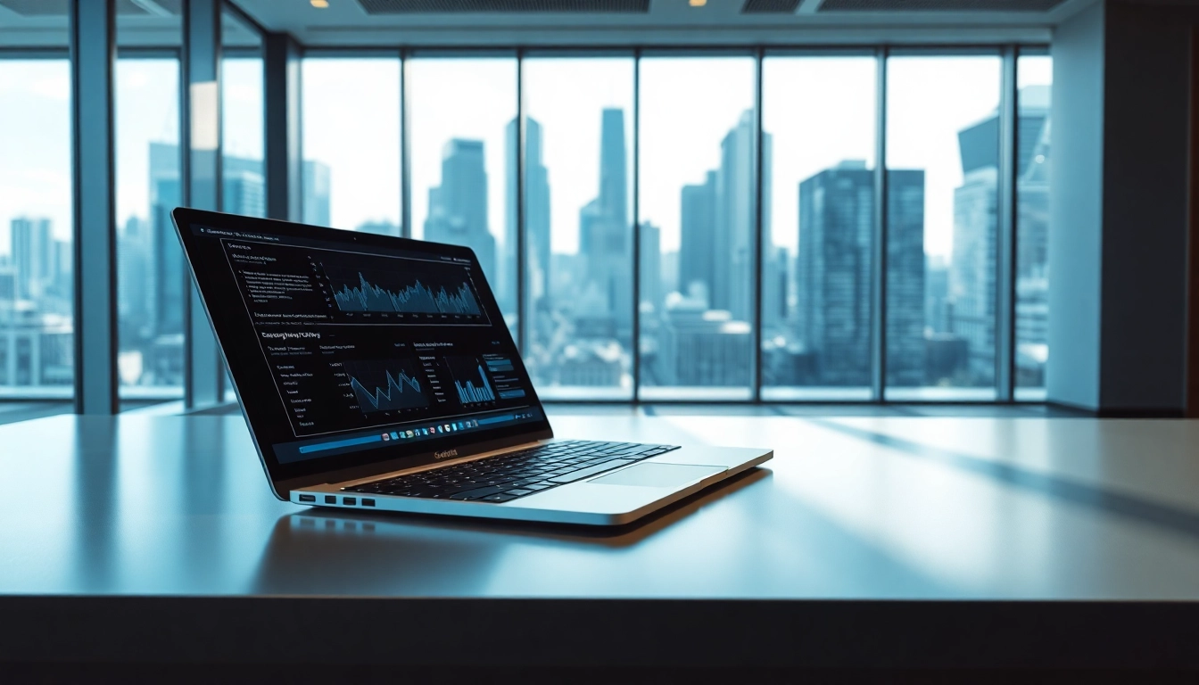 Highlighting technology advancements, a professional workspace showcases innovative tools and a vibrant city view.