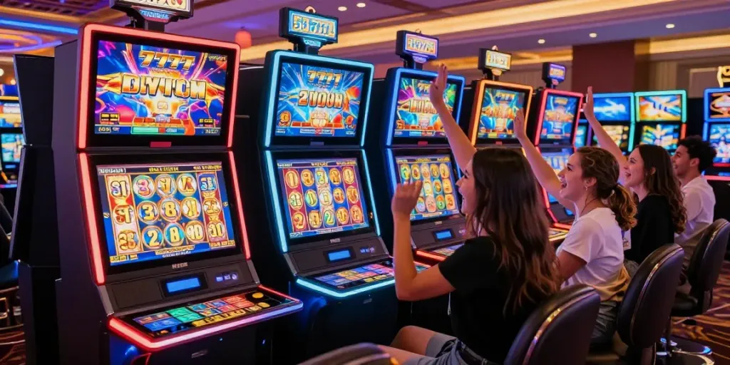 Permainan slot777 dengan teman-teman merayakan jackpot di kasino modern.
