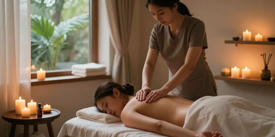 Swedish massage treatment room with candles and essential oils in a calming atmosphere.