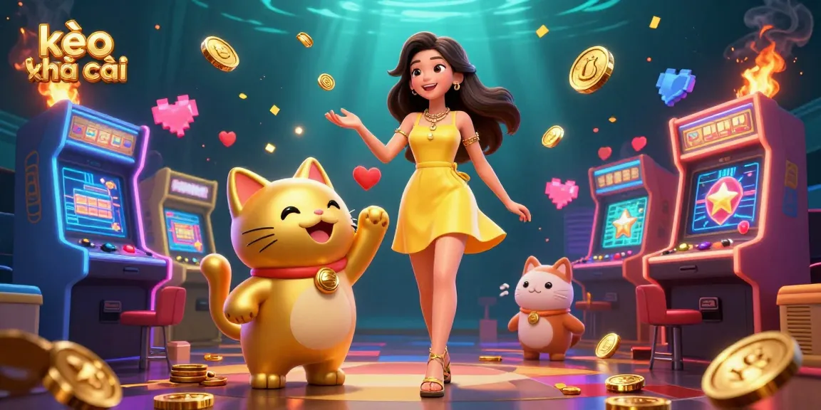 Engage with kèo nhà cái through a playful scene showcasing an Asian woman with a lucky cat mascot amid vibrant casino elements.