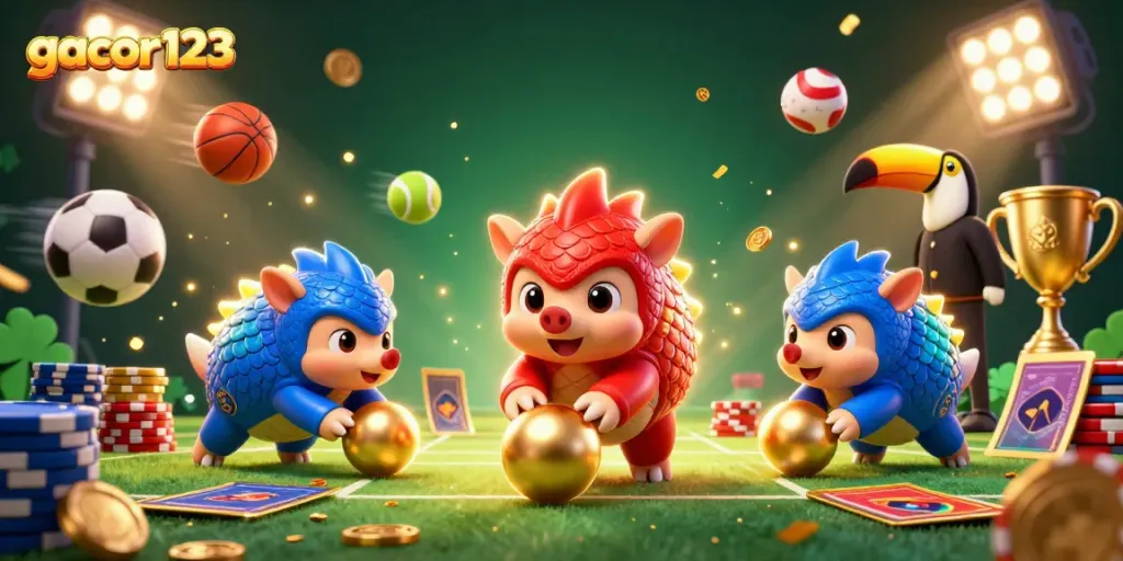 Experience exhilarating sports betting action with gacor123 showcasing dynamic pangolins, sports balls, and glowing trophies.
