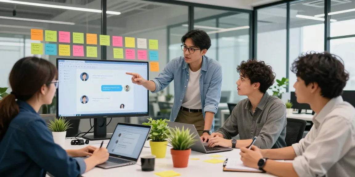 Team collaborating on spicy AI chatbot ideas in a modern office