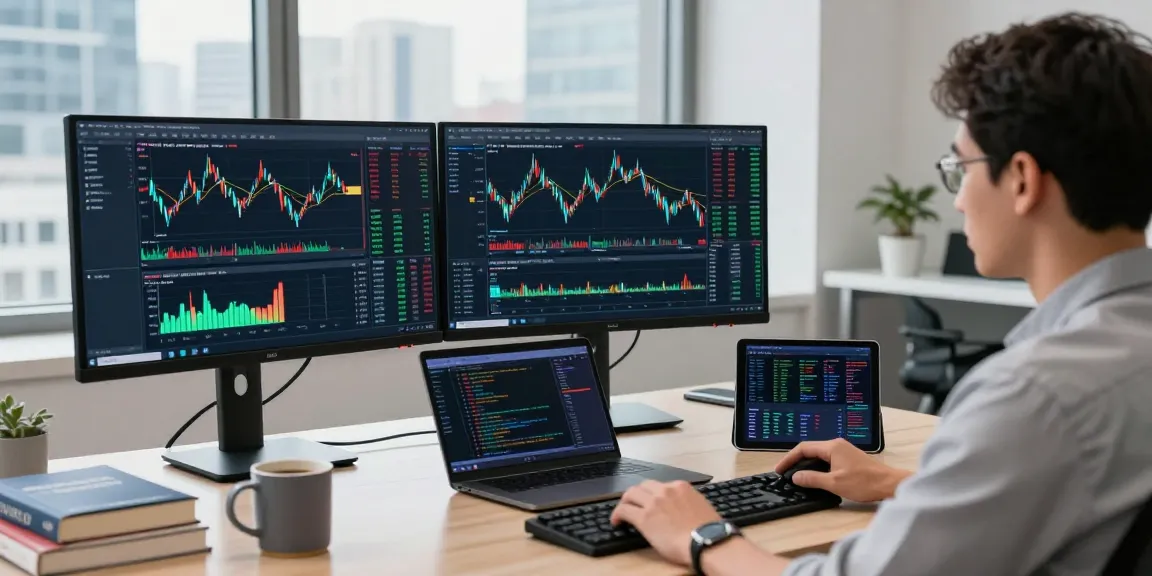 Trader using MetaTrader 5 to analyze Forex and stock charts in a modern workspace.