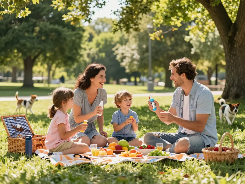 Family applying mosquito repellent during a sunny picnic in the park.