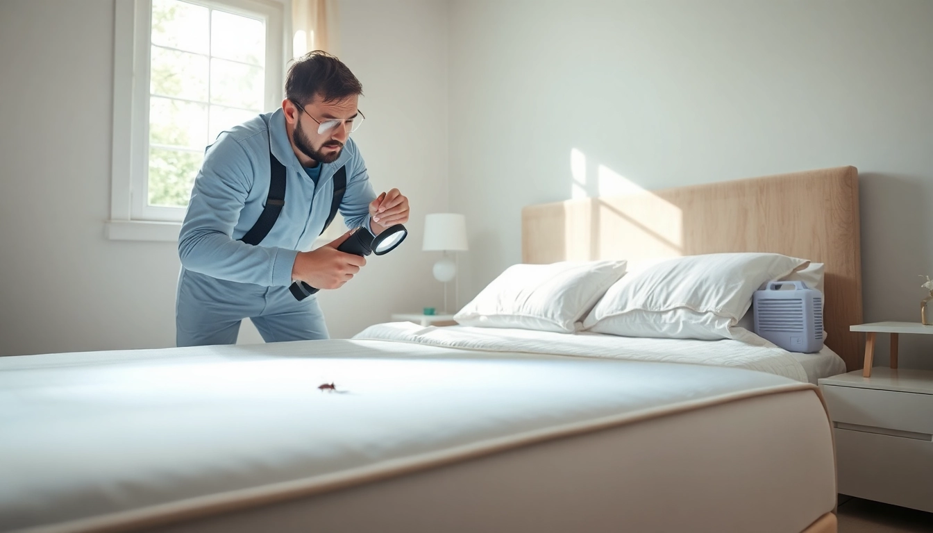 Inspecting bed bug extermination services in a bedroom environment by a professional technician.