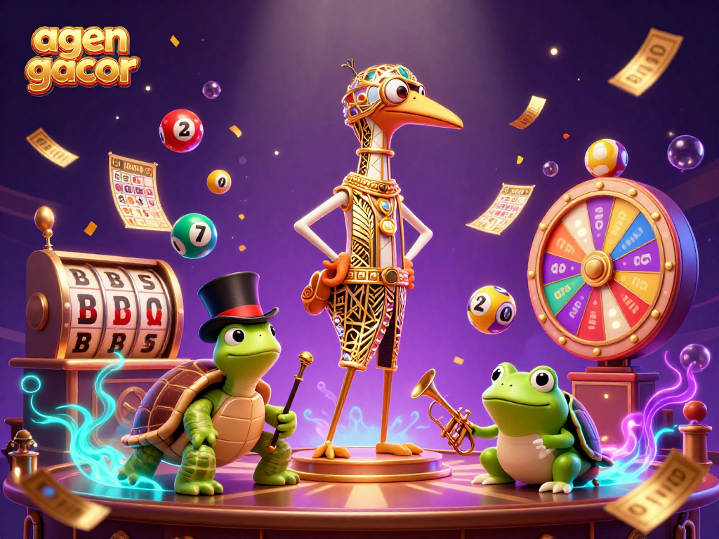 Spin to win with agen gacor at a vibrant casino scene filled with slot reels and lottery elements.