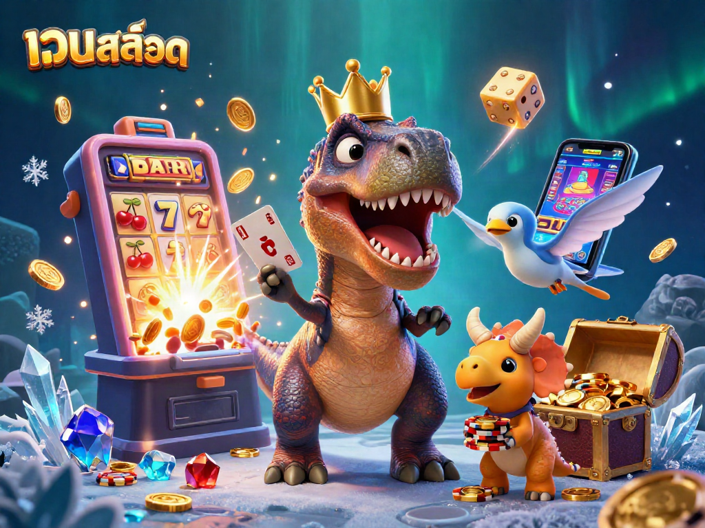Experience thrilling เว็บสล็อต action with 3D cartoon dinosaurs in a vibrant casino scene.