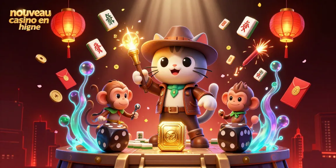 Découvrez une scène dynamique de "nouveau casino en ligne" avec un chat explorateur et un singe, entourés d'éléments de jeu.