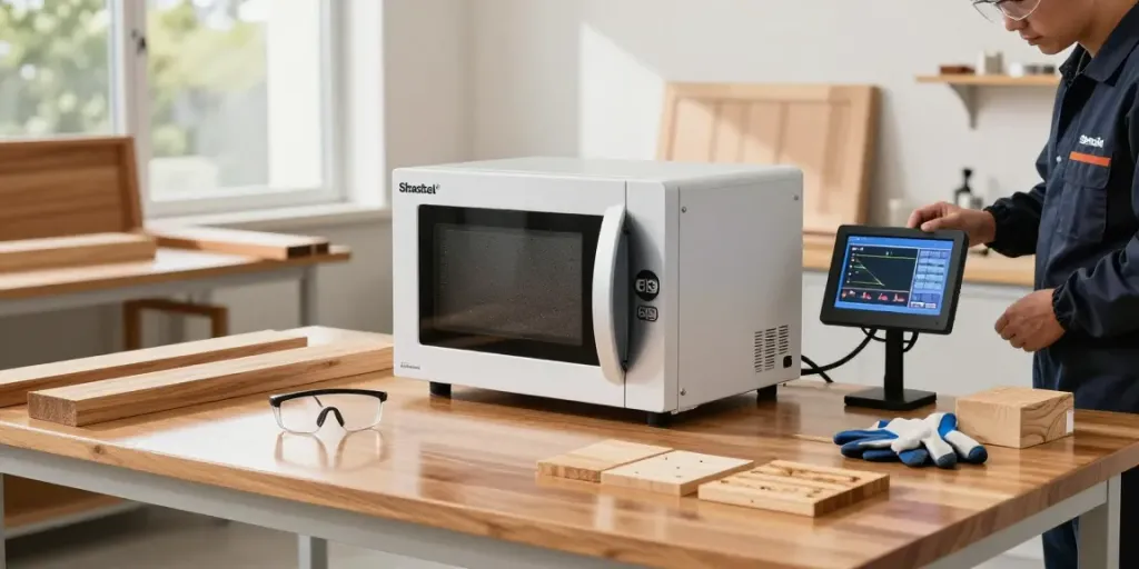 Efficient SHASHEL® microwave device in a professional workshop eliminating woodworms.
