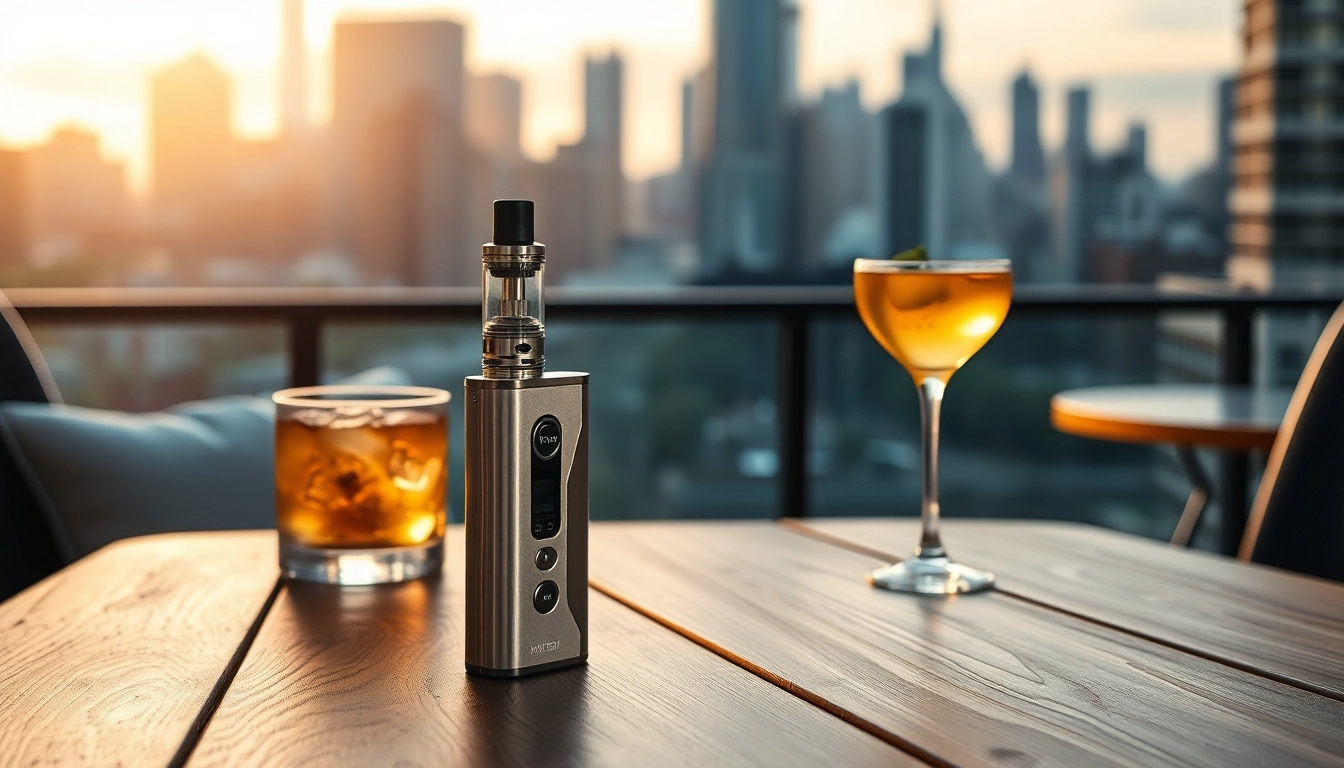 Showcasing air bar vape in an urban setting with sleek design and warm lighting.