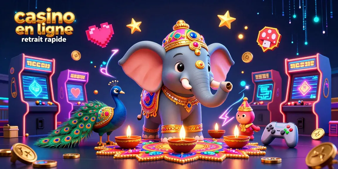 Illustration projetée casino en ligne retrait rapide avec un éléphant diwali et des machines à sous colorées.