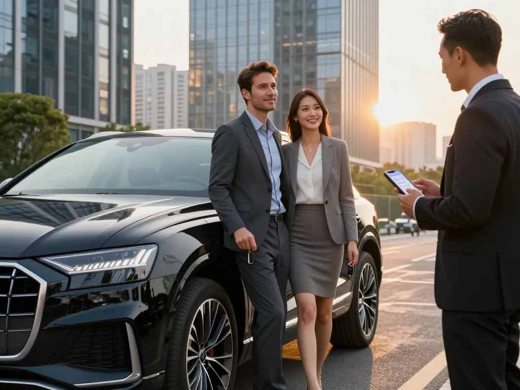 Trải nghiệm sự sang trọng với cho thuê xe ô tô hạng sang featuring một chiếc Audi Q8 trong một bối cảnh đô thị cao cấp.
