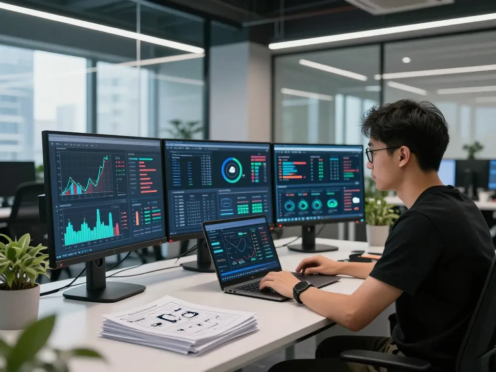 Data engineer analyzing IO DeFi performance metrics in a modern office.