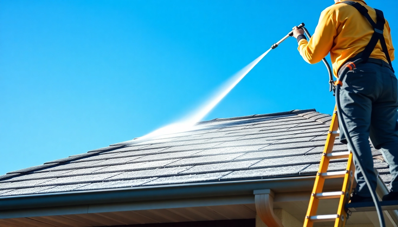 Roof cleaning in progress, showcasing professionals using eco-friendly techniques for a spotless finish.