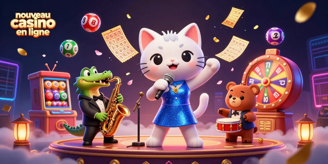 Nouveau casino en ligne avec des personnages colorés sur scène, animés par des éléments de jackpot