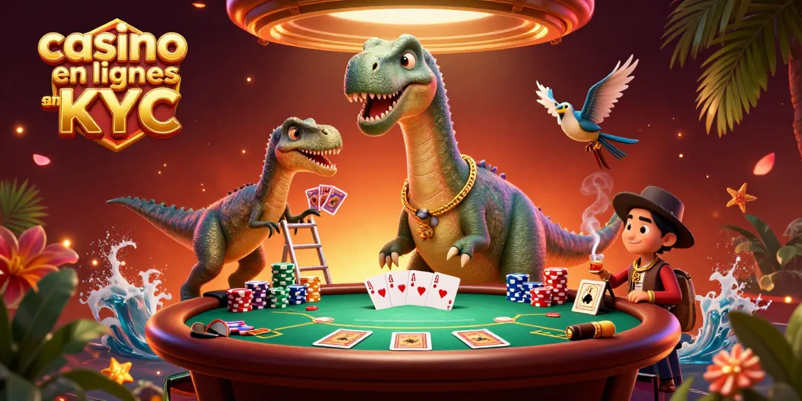 Illustration dynamique d'un casino en ligne sans KYC, avec un brontosaure et un raptor distribuant des cartes.