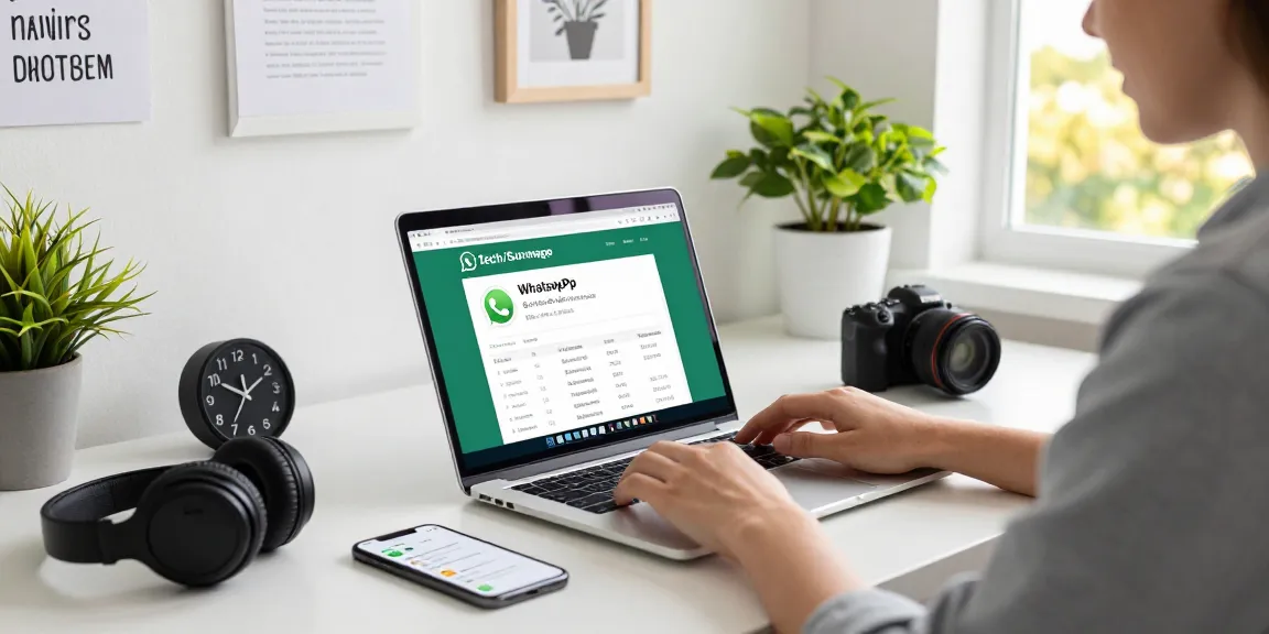 Person using WhatsApp網頁版 on a sleek laptop in a modern home office setup filled with tech and greenery.