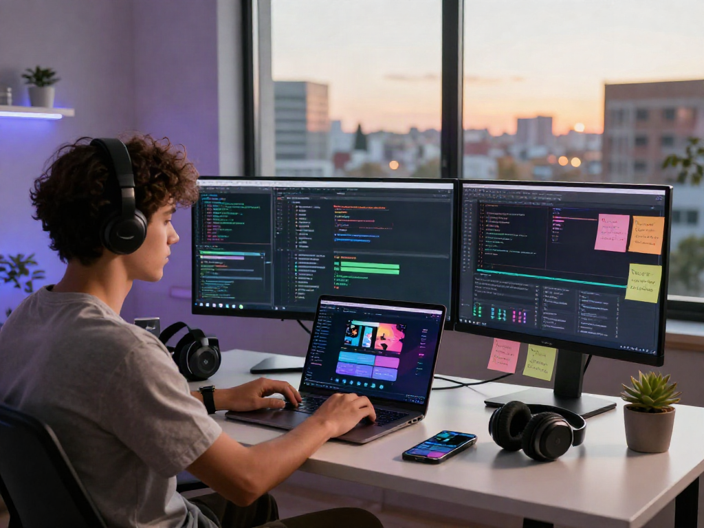Young developer working on a spotify mod application at a modern workspace