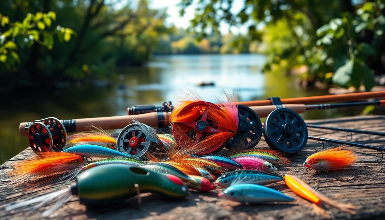 Showcase of fly fishing accessories featuring vibrant lures and reels on a textured wooden table.