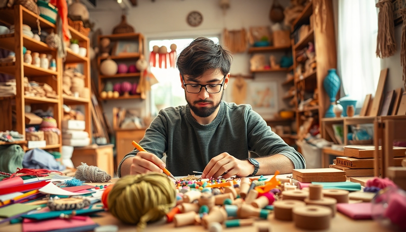 Engaging in craft training with vibrant materials, showcasing creativity and dedication.