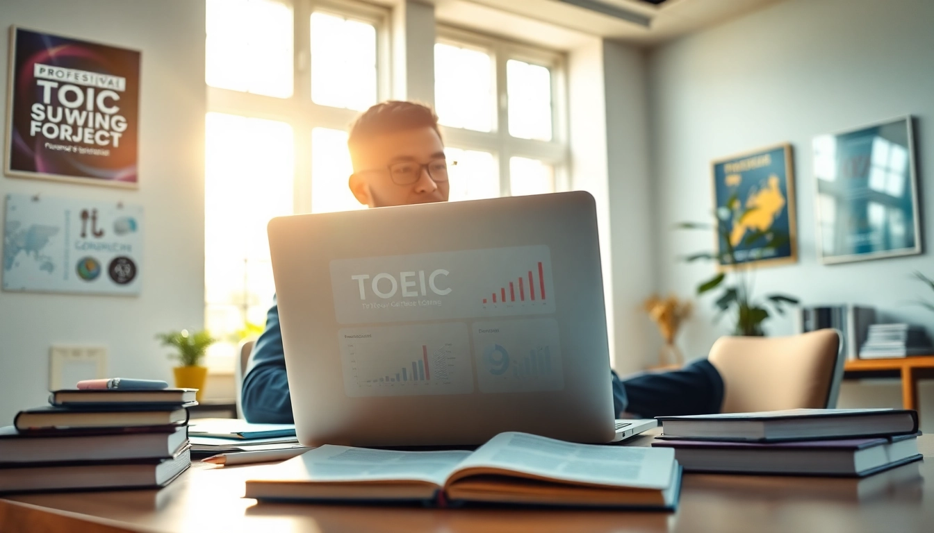 Engaging scene of TOEIC test takers for hire working efficiently in a bright office.