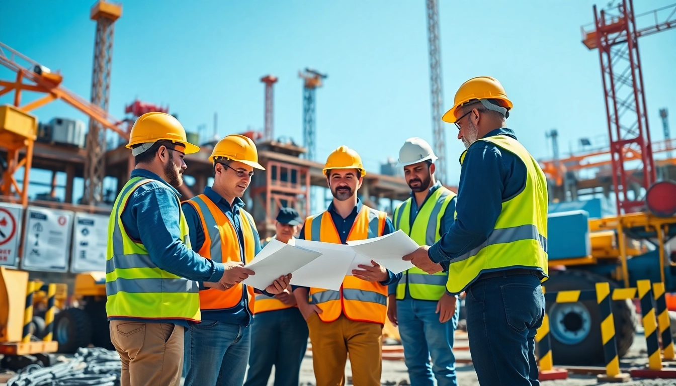 Engaged teams focusing on construction labor compliance at a bustling job site.