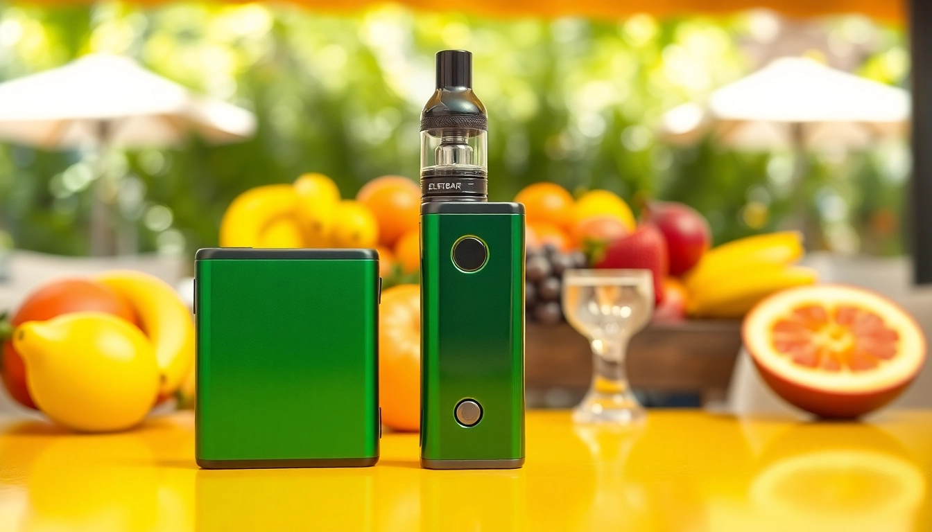 Elfbar Vape auf einem bunten Tisch mit frischen Obstarrangements in einem entspannten Café-Setting.