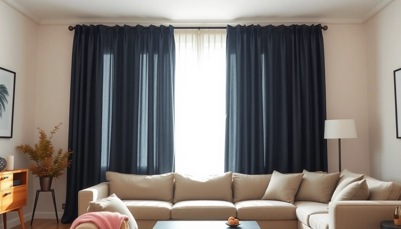 Verduisterende gordijnen die elegant hangen bij een groot raam in een moderne woonkamer.