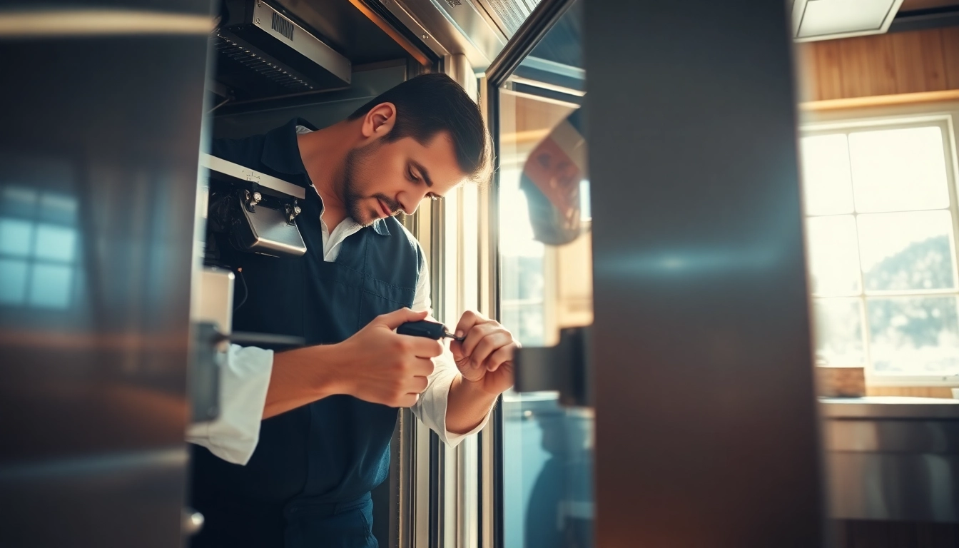 Technician performing commercial appliance repair on industrial equipment in a bustling kitchen.