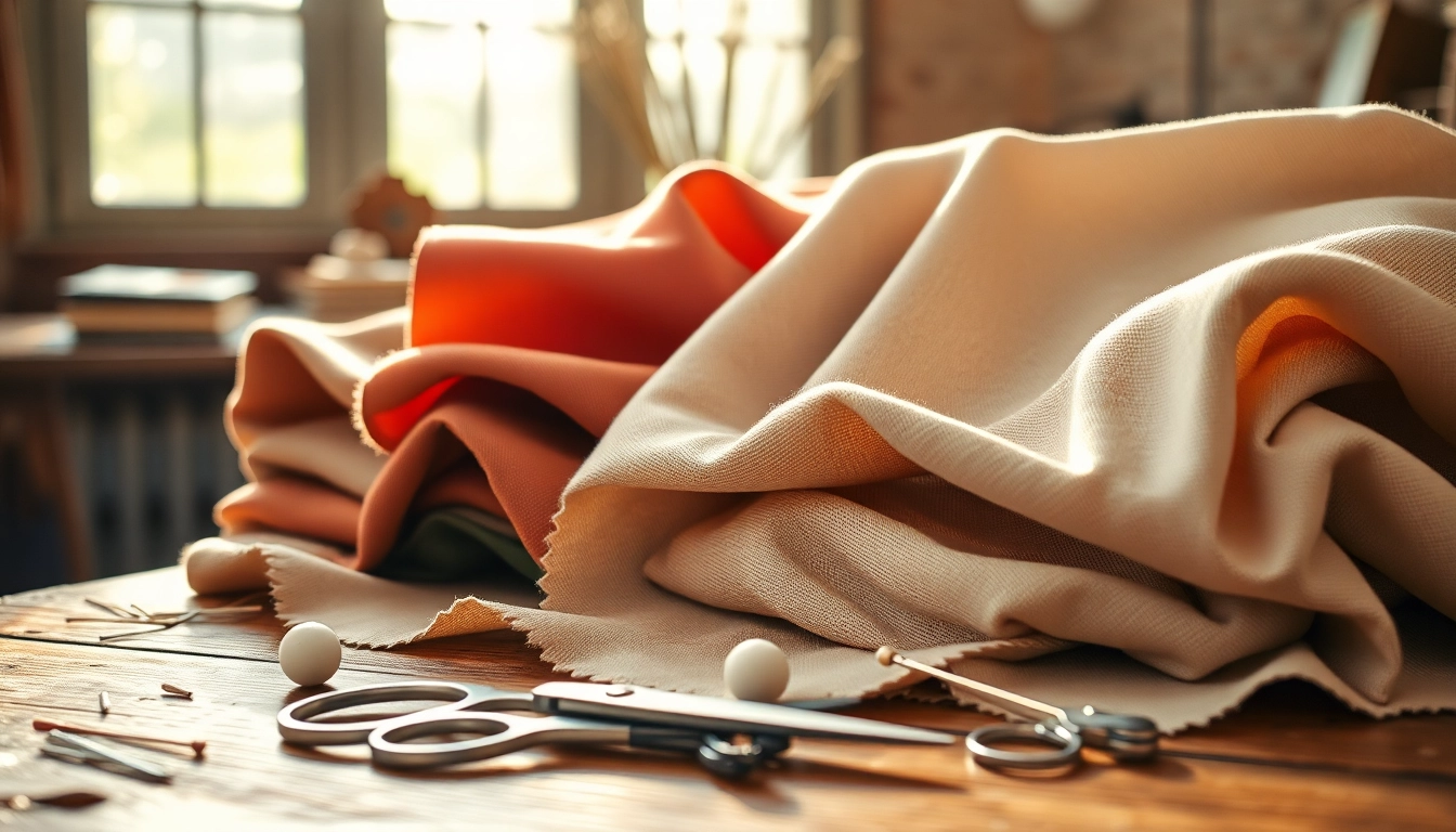 Katoen fabric textures displayed creatively with sewing tools, enhancing artistic inspiration.