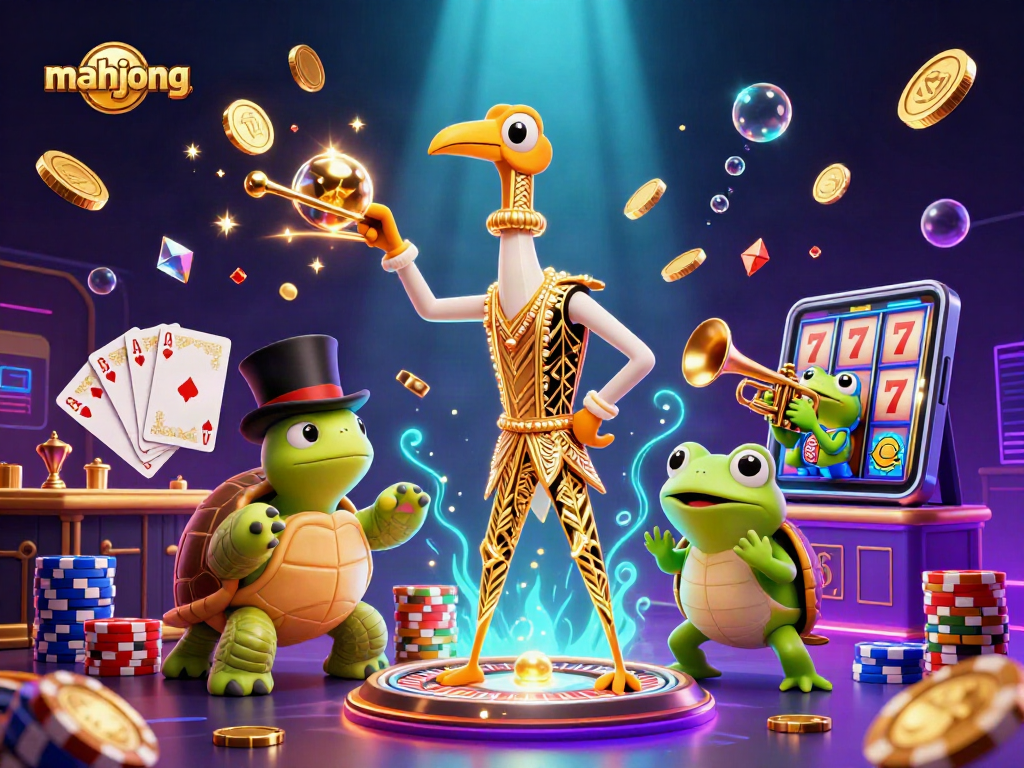 Play mahjong at a vibrant speakeasy with a crane, turtle, and frog making magic happen.