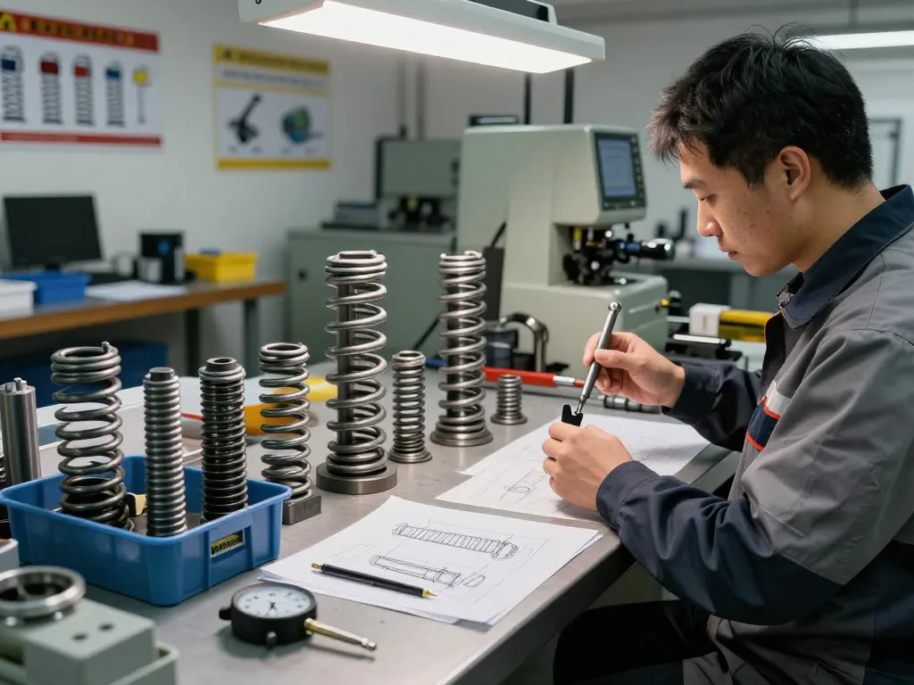 Examinarea detaliată a inginerului asupra arcurilor elicoidale într-un atelier industrial.