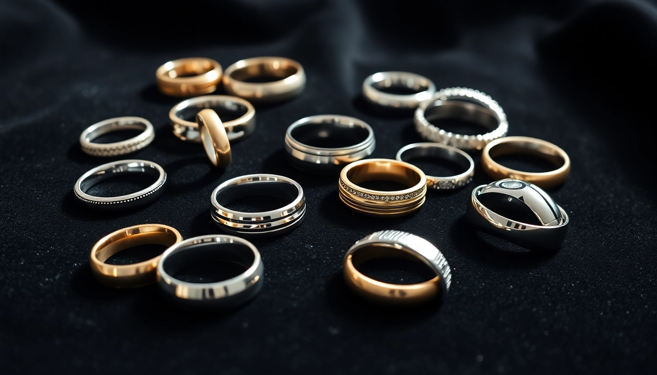 Showcase of mens wedding rings highlighting unique styles and luxurious textures.