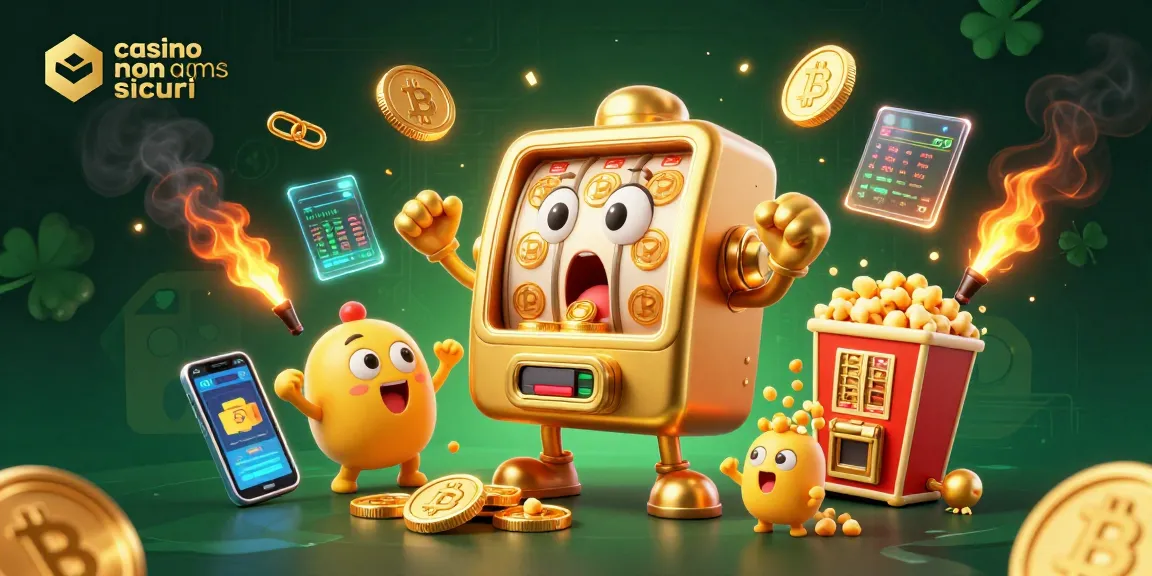 Scopri come vincere ai casino non AAMS sicuri con slot e criptovalute in un'illustrazione divertente.