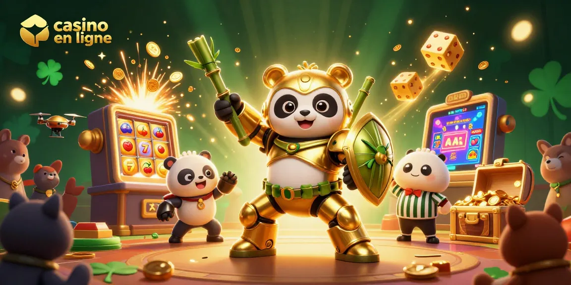 Visuel dynamique d'un casino en ligne avec un panda en armure et une machine à sous éclatante de casino