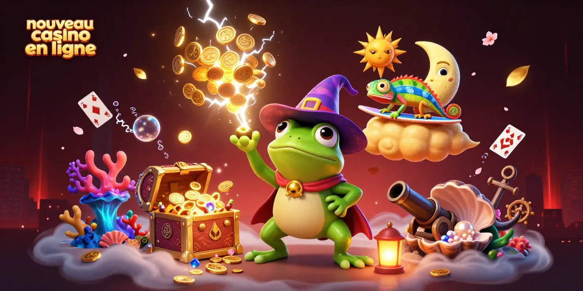 Illustration dynamique représentant un nouveau casino en ligne avec une grenouille sorcière et un caméléon sur un nuage doré.