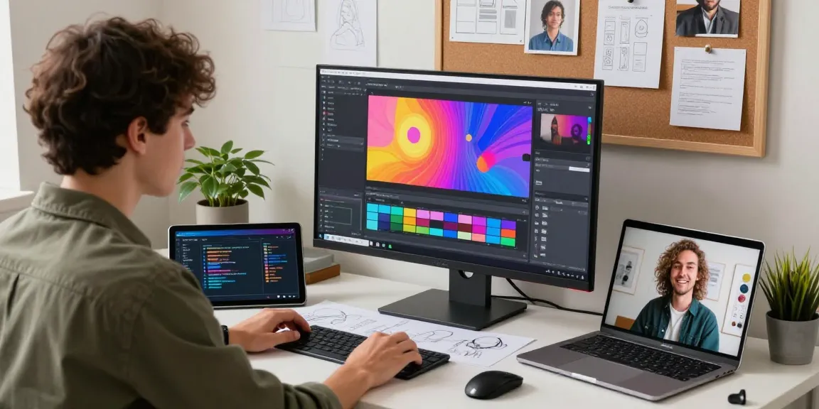 Designer utilizing Nano Banana 2 AI image editing at a vibrant digital arts workspace