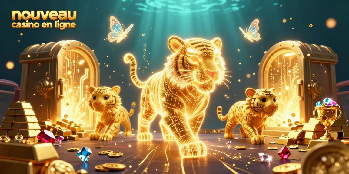 Plongez dans l'univers du nouveau casino en ligne avec un tigre doré fascinant et des trésors scintillants.