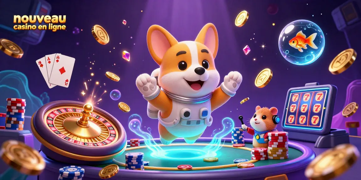 Illustration dynamique d'un nouveau casino en ligne avec un corgi astronaute et des jetons de poker.