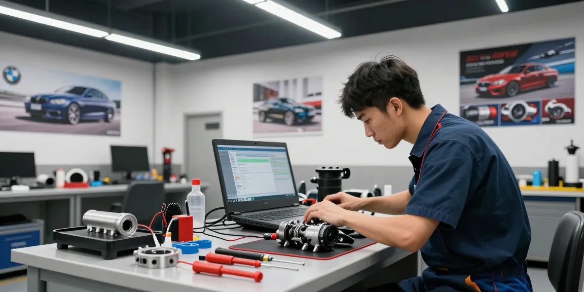 Professioneller Mechaniker in einer BMW Werkstatt Hannover bei der Motorreparatur und Tuning-Diagnose.
