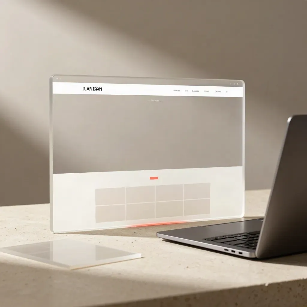 Frosted page map, closed laptop, and layout blocks on travertine in dramatic studio light.