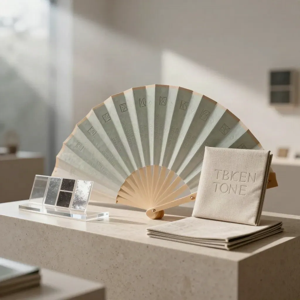 Identity design materials lit by a beam across a travertine plinth in misty studio light.