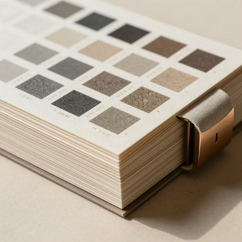 Macro of layered identity boards, color chips, and sample cards on a plaster surface.