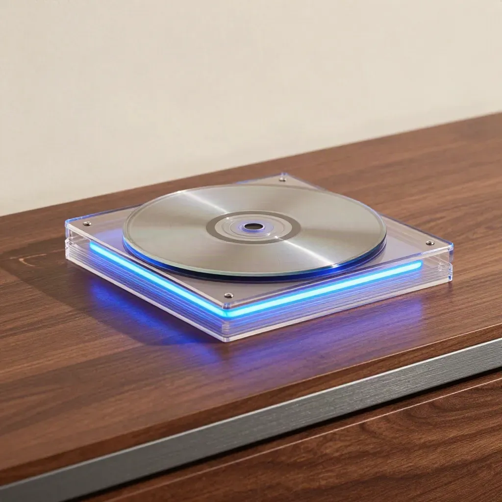 Spinning acrylic disc with translucent frame cards and blue LED streak on a studio surface